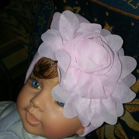 Pink silky flower baby/toddler hat - Picture 6 of 6
